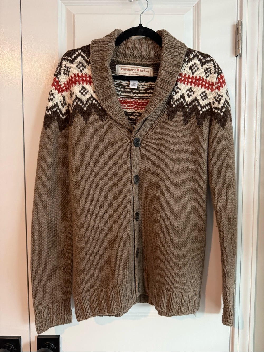Farmers Market Iceland Wool Cotton Fair Isle Shawl Collar Cardigan Neutral Sz M